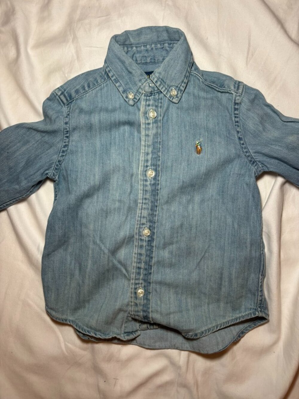 Ralph Lauren Boys 3/3T Blue Denim Cotton Logo Button-Up Shirt Long Sleeve Preppy
